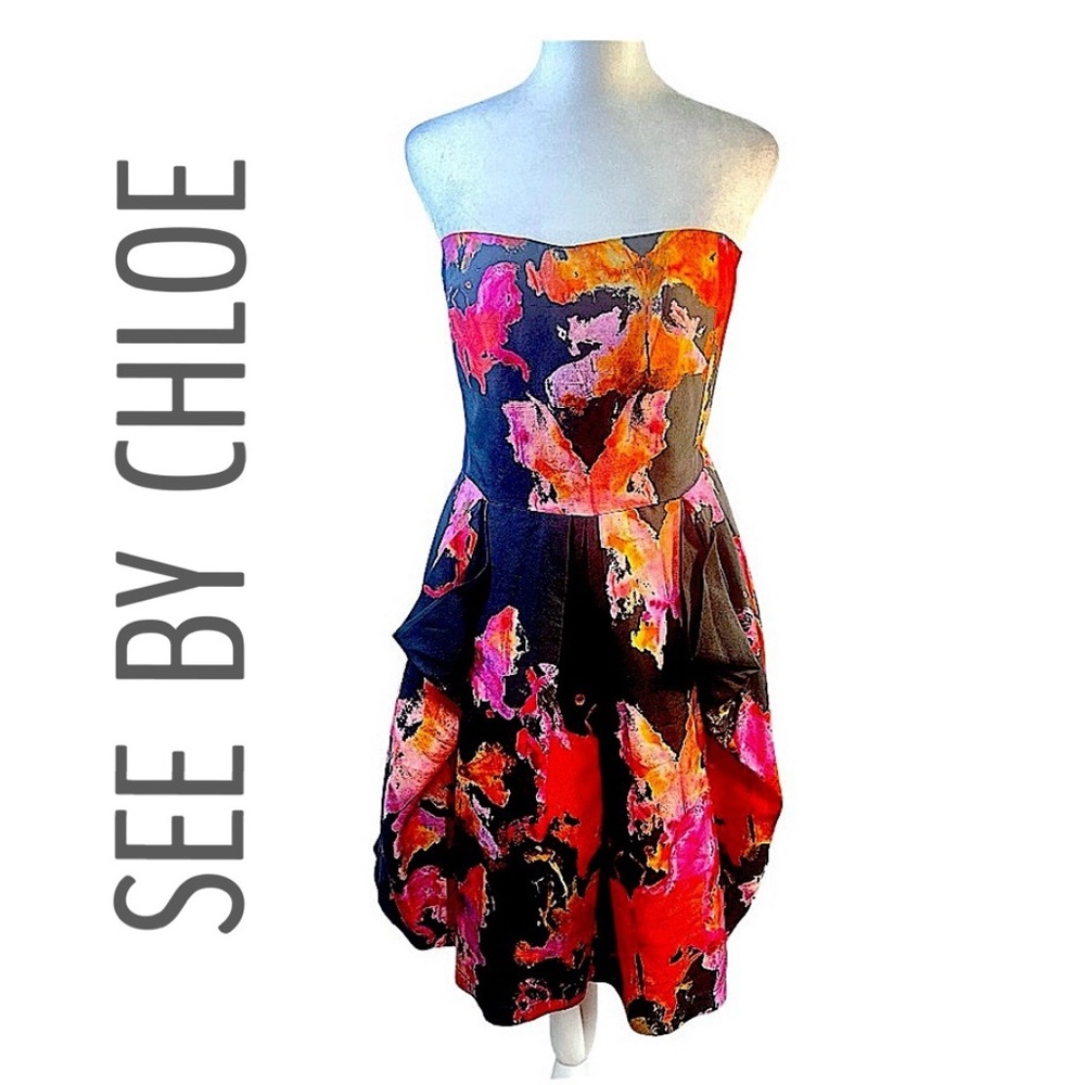 SEE BY CHLOE Silk Black Orange & Pink Silk Strapless Cocktail Dress SZ 6 NWOT